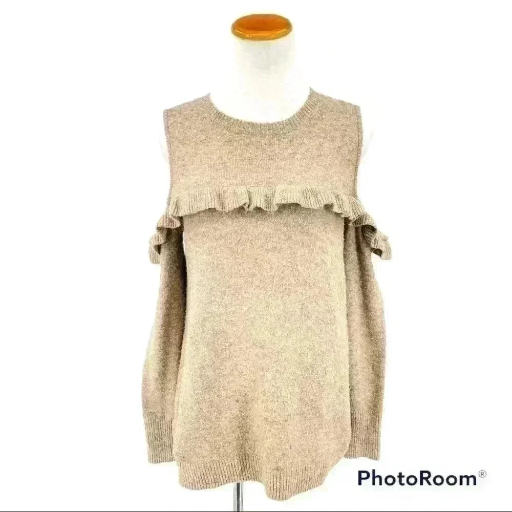 LOFT Ann Taylor Tan Open Shoulder Ruffle Sweater